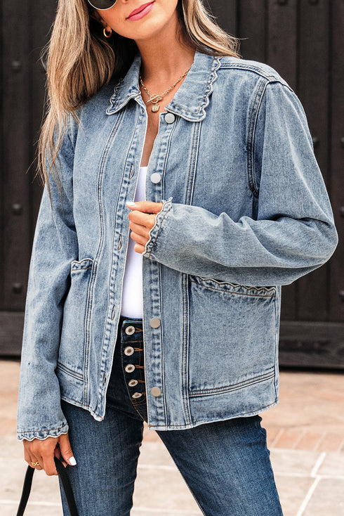 Scallop Trim Collar Patch Pocket Button Front Denim Jacket